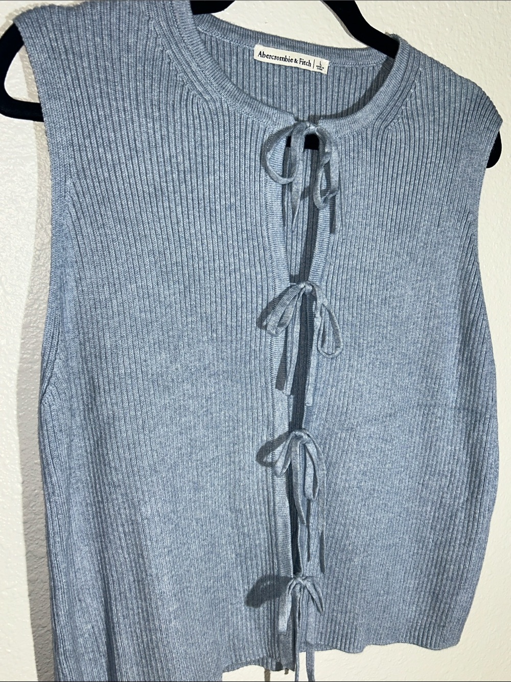 Abercrombie & Fitch Tie-Front Crewneck Sweater Vest in a dusty blue color